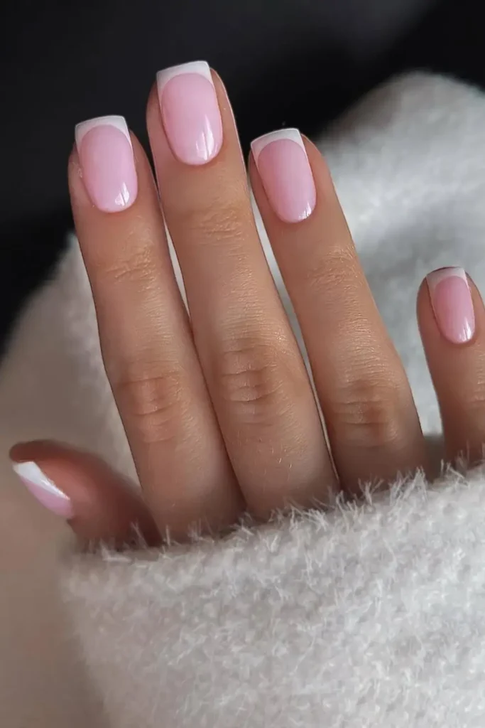 Short White French Mani on a Pink Base
