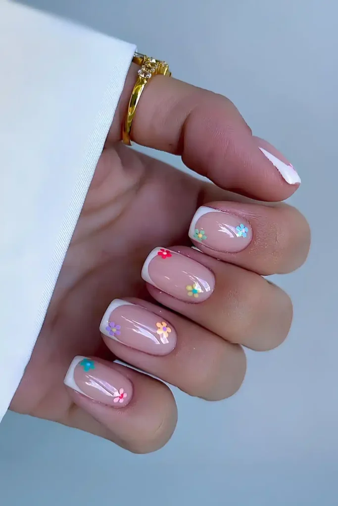 Short White French Mani With Flowers for a Fresh Floral Style