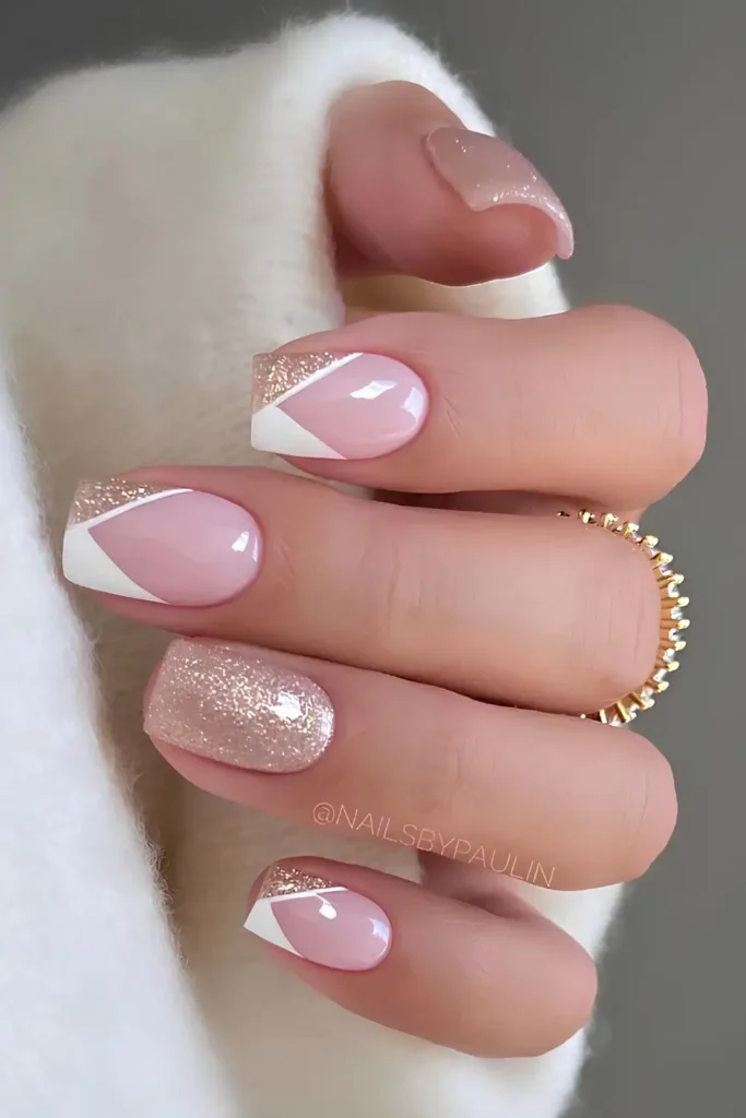 Short White and Gold Glitter Nails for an Elegant Look