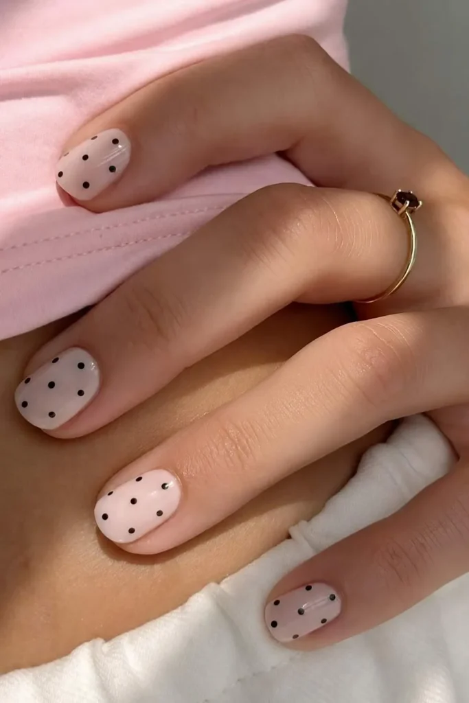 Short White Nails With Black Polka Dots That Feel Timeless and Chic