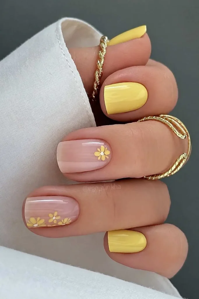 Short Yellow Floral Manicure for a Sweet Spring Inspired Style