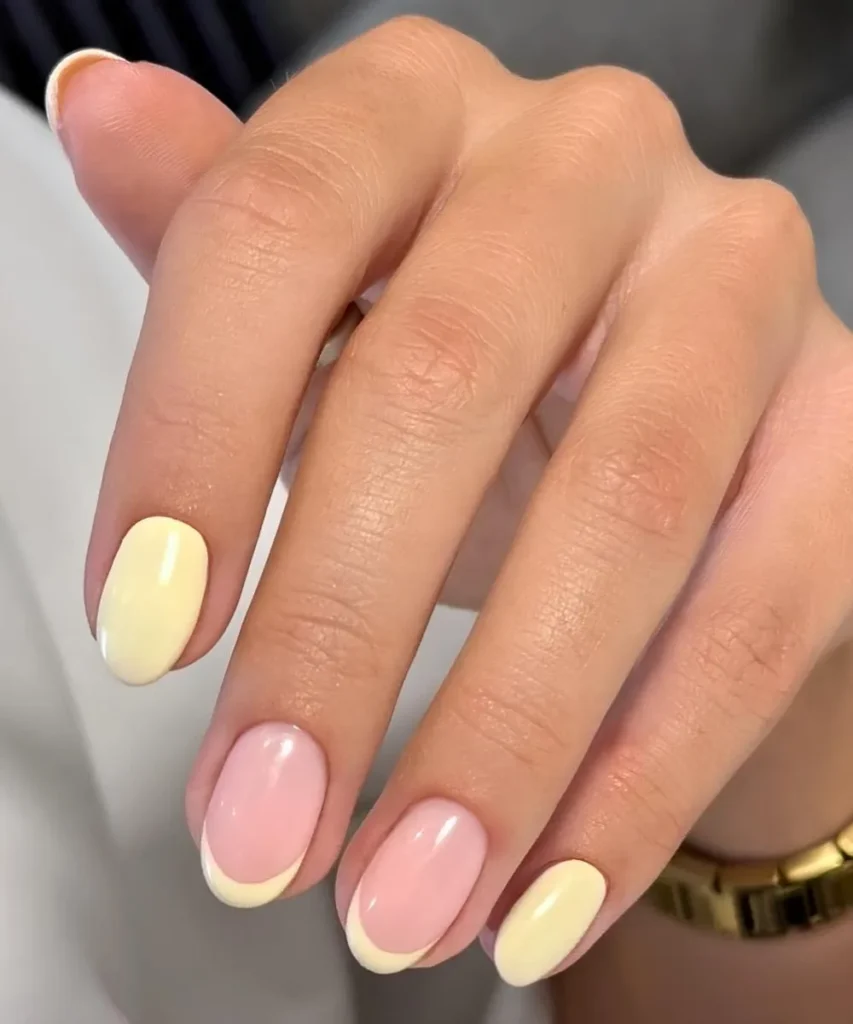 Short Yellow Mani With Accent French Tip for a Bright Modern Finish