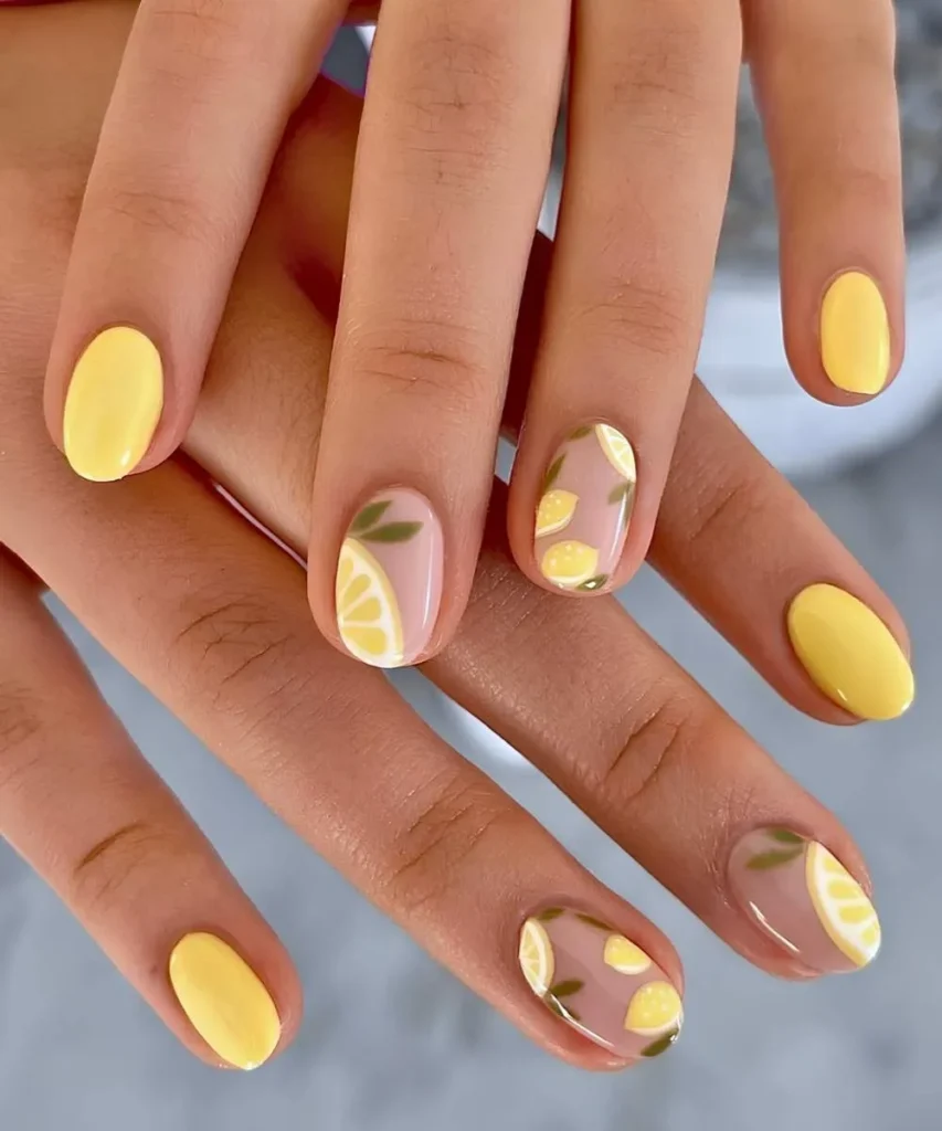 Short Yellow Mani With Lemon Art for a Fresh Summer Vibe