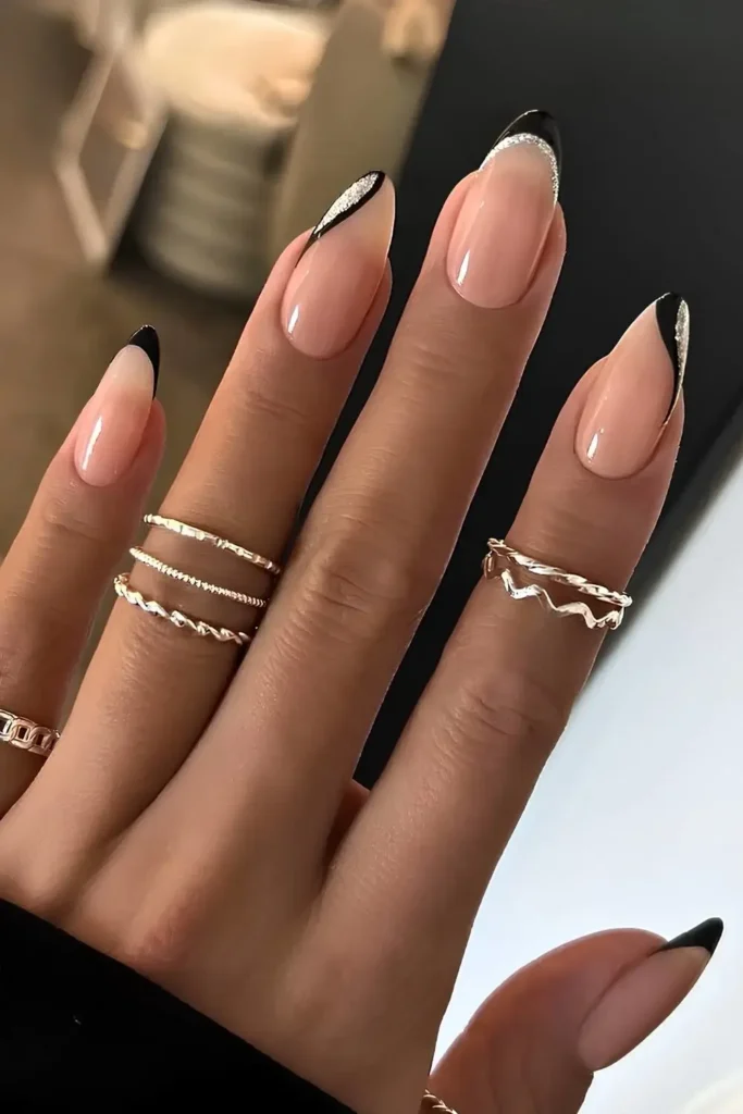 Silver and Black Diagonal French Manicure for a Chic Style