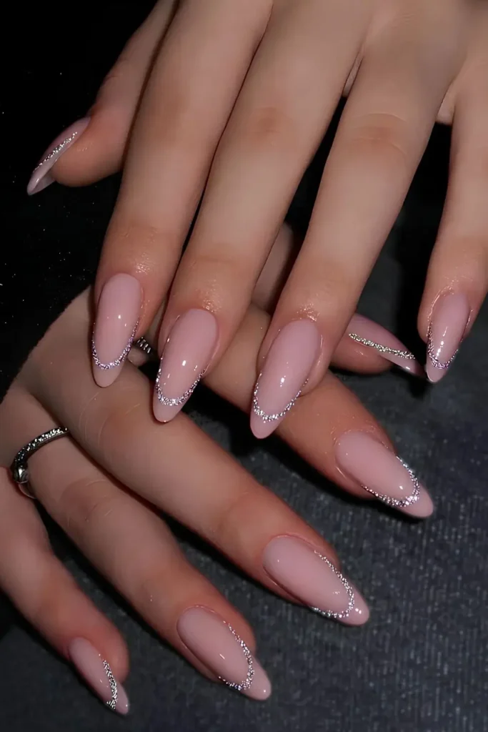 Silver Glitter Outline French Manicure for an Elegant Look