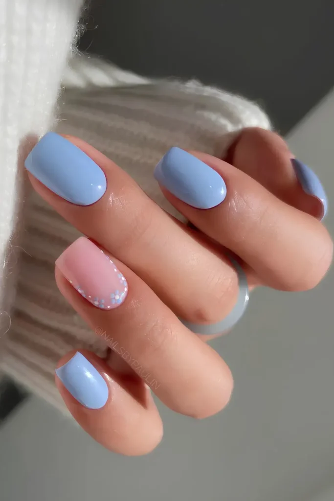Sky Blue Nails With Tiny Flowers That Feel Sweet and Delicate