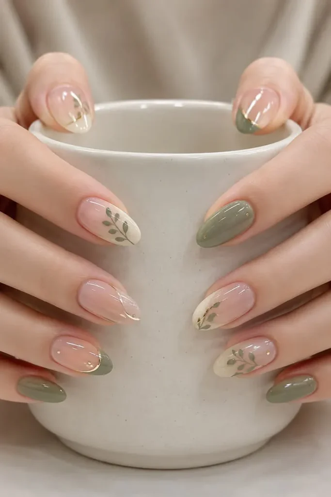 Soft Sage Green Nails With Minimal Leaf Accent Design for a Chic Natural Look