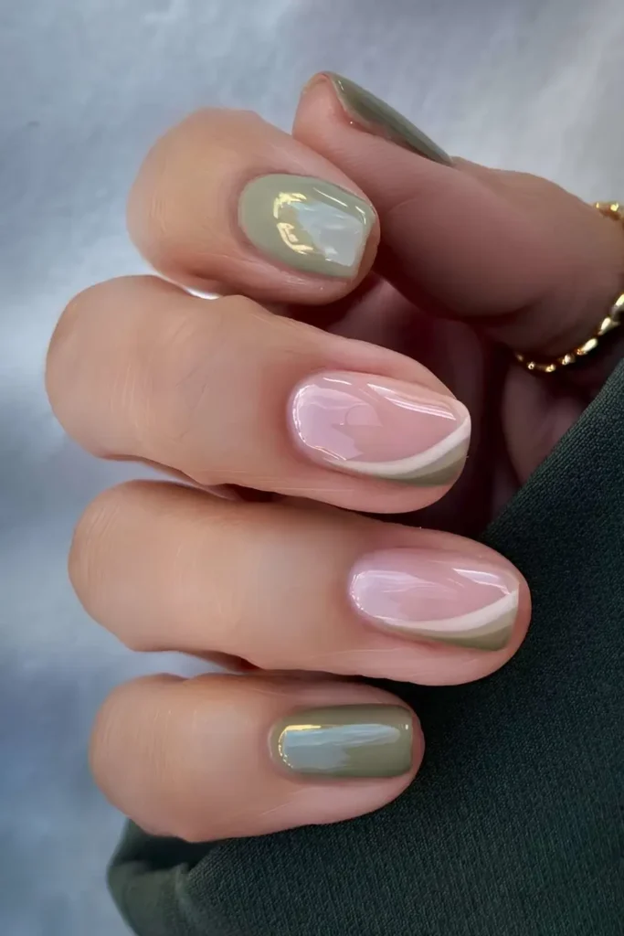 Soft Green Nails With Accent Line Art for a Clean Contemporary Look