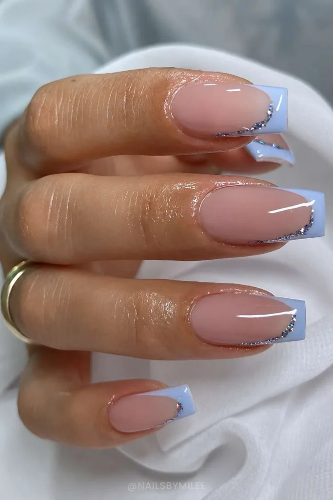 Square Blue French Nails With Glitter Accents That Shine Beautifully