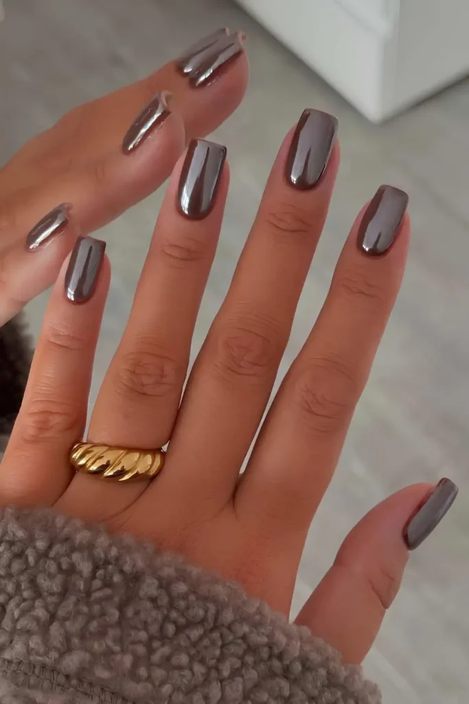 Square Brown Chrome Nails With a Stunning Mirror Shine