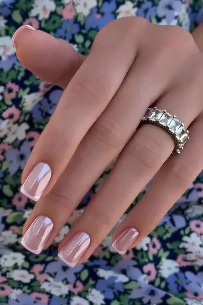 Square Pink Chrome French Nails With a Stunning Mirror Finish