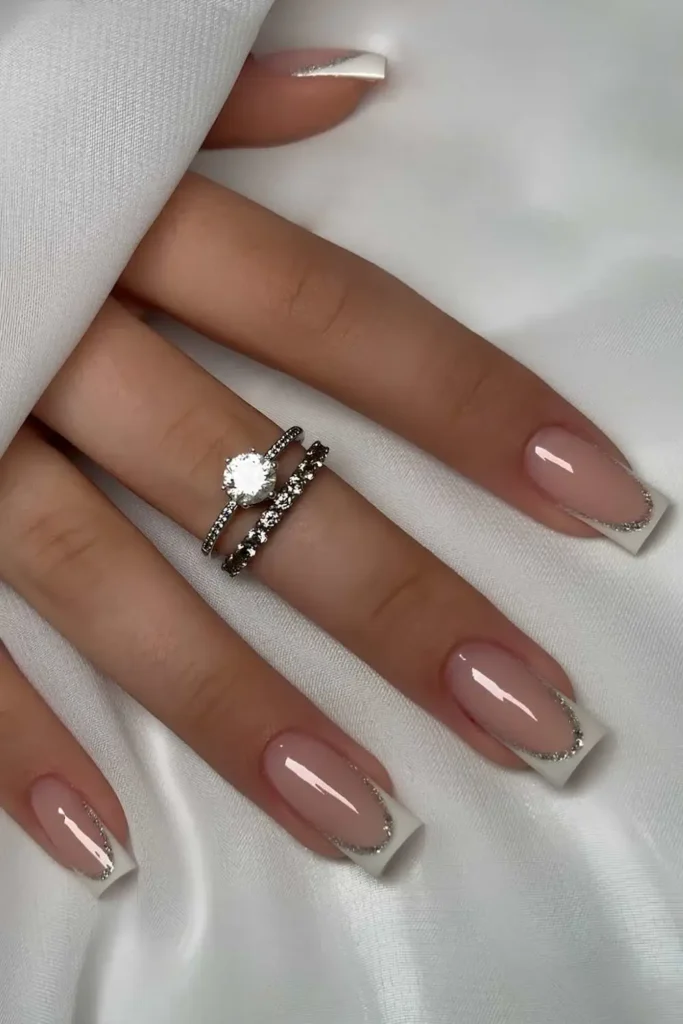 Square White French Mani With Glitter Outline