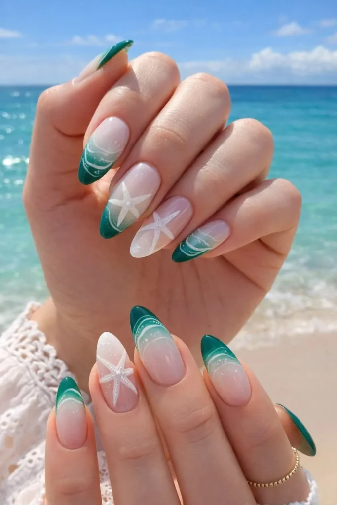 Starfish French Tip Almond Nails for a Beachy Summer Look