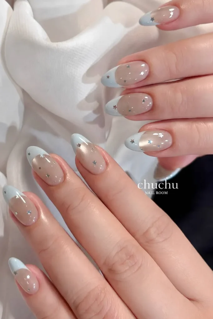 Starry Blue French Mani on Cat Eye Base That Looks Mesmerizing