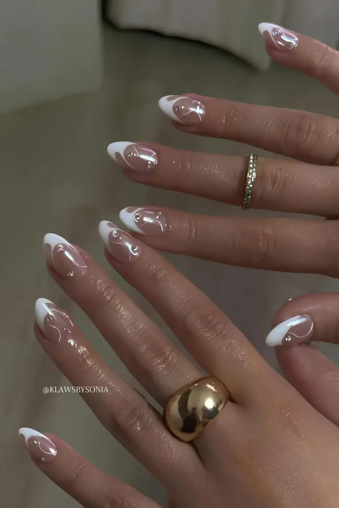 Swirly White French Nails With Chrome Finish