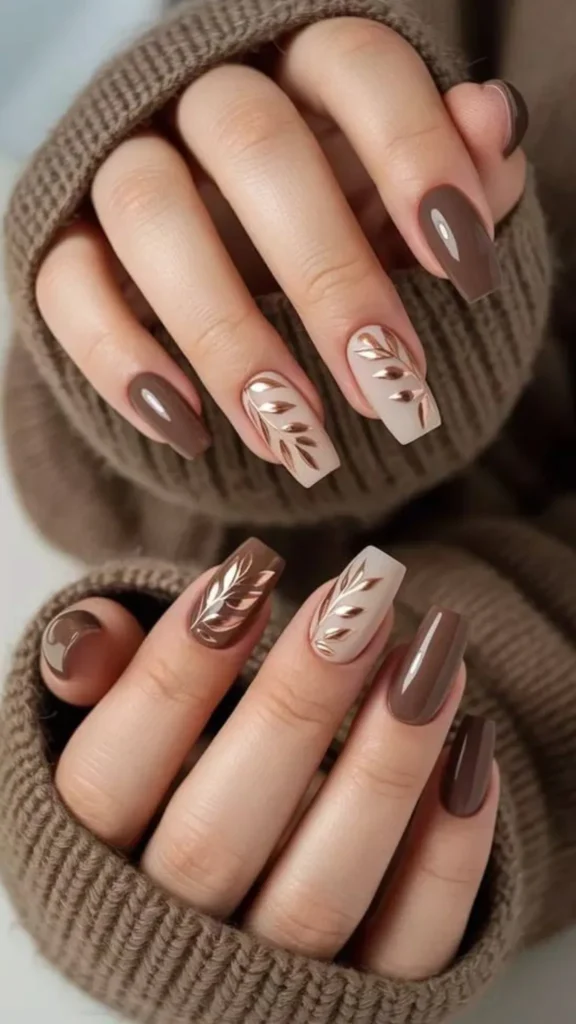 Taupe and Nude Nails With Metallic Leaf Accents for an Elegant Finish