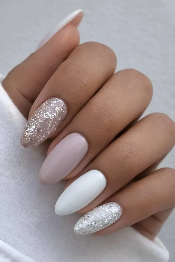 Taupe and White Nails With Accent Glitter for an Elegant Touch
