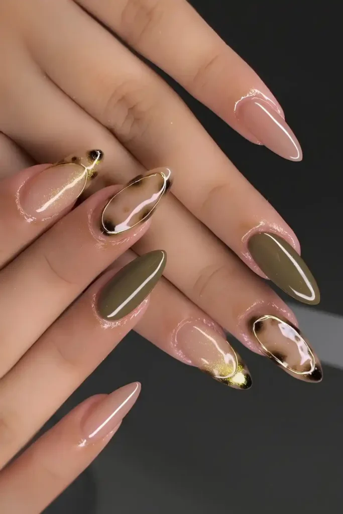 Tortoise Shell Nails With Olive Green Accents for a Trendy Fall Style