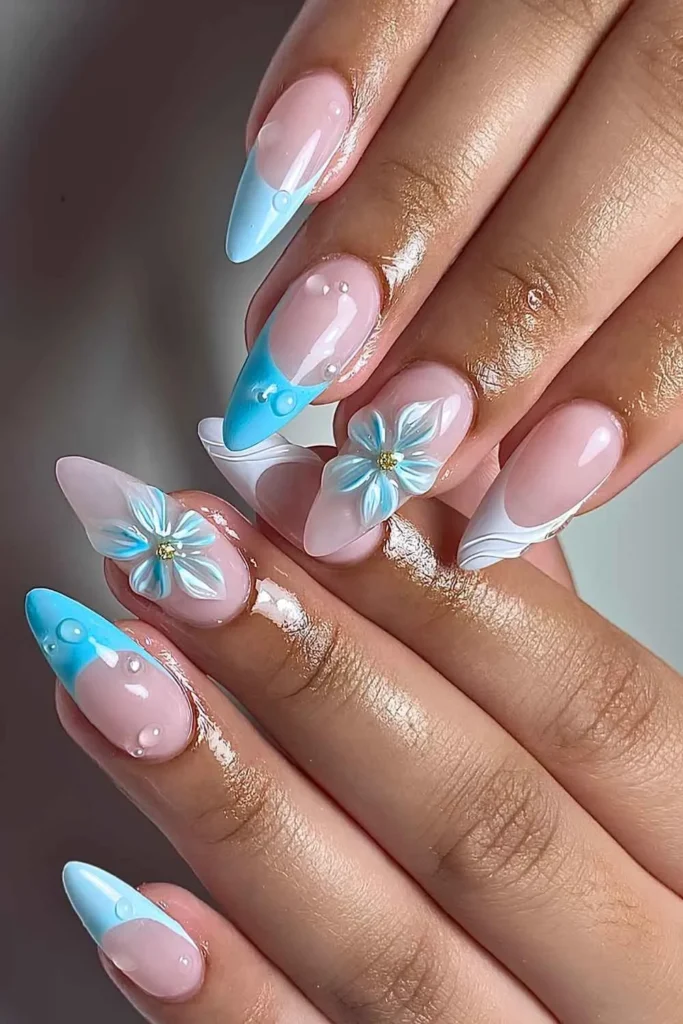 Turquoise Blue and White 3D Floral Nails That Stand Out Beautifully