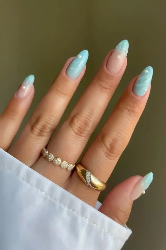 Turquoise Blue Mani With Pearl Accents for a Beachy Elegant Look