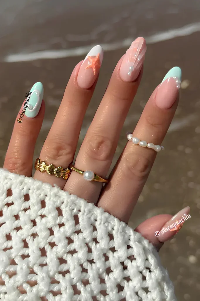 Turquoise Blue Nails With Beach Charms for Summer