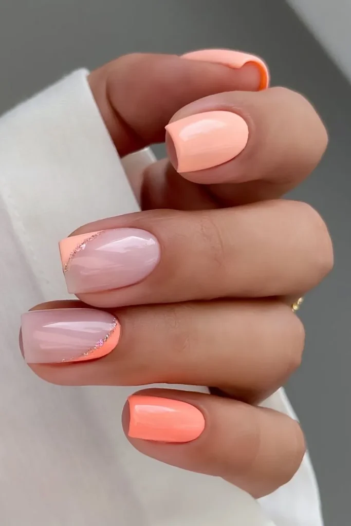 Two Tone Peach Mani With Glitter Accents That Add Instant Sparkle