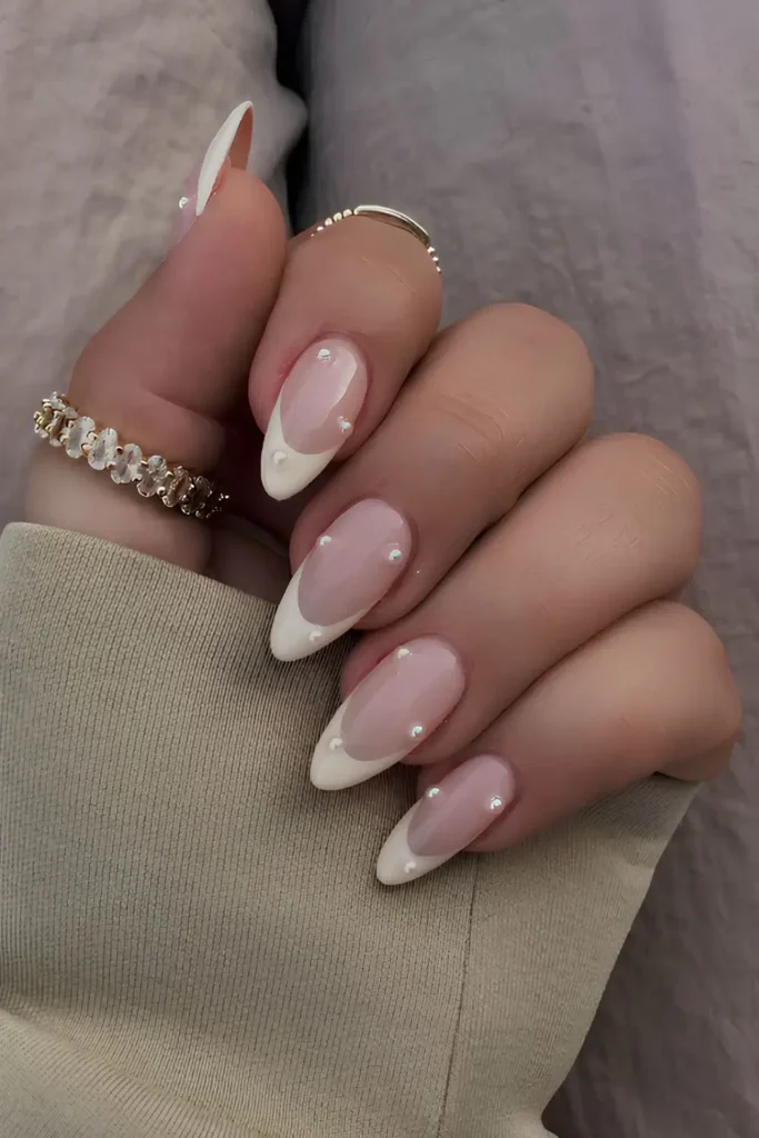 Vanilla French Nails With Tiny Pearl Accents You'll Love