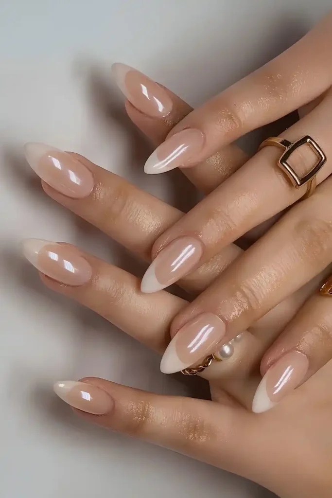 Vanilla Chrome French Tip Nails With a Soft Glossy Shine