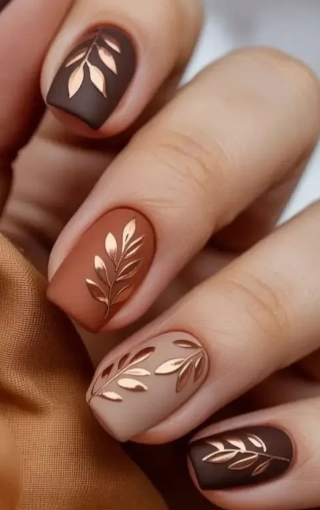 Warm Brown Matte Nails With Rose Gold Leaf Accents That Look Elegant
