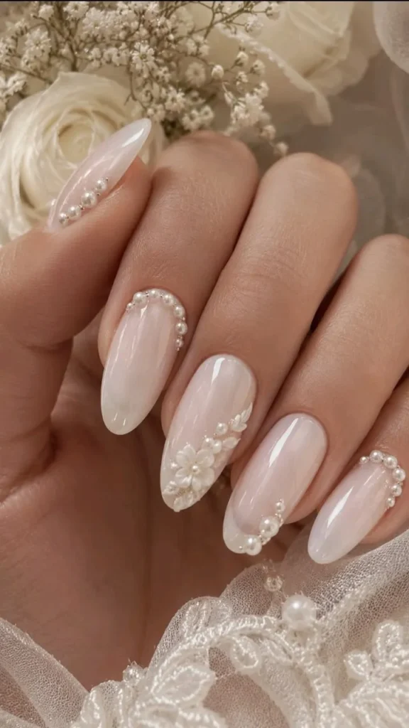 Wedding Milky White Floral Nails With Pearls and 3D Daisy Accents
