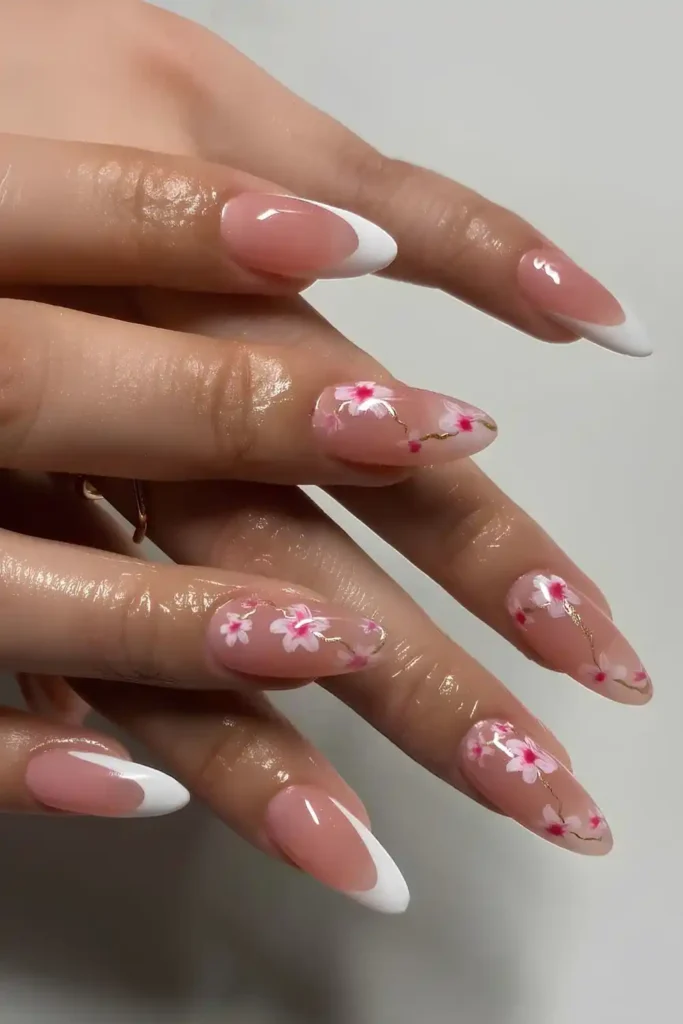 White French Manicure With Cherry Blossoms That Looks Beautiful