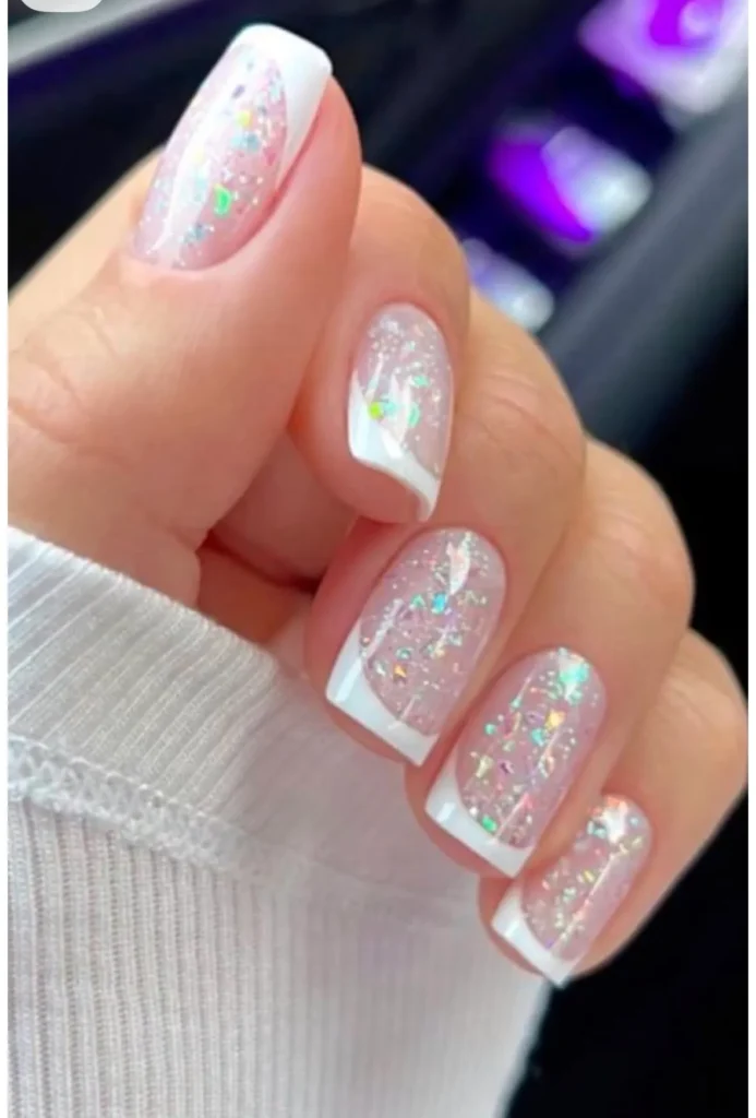 White French Glitter Nails With Iridescent Flake Sparkle Finish