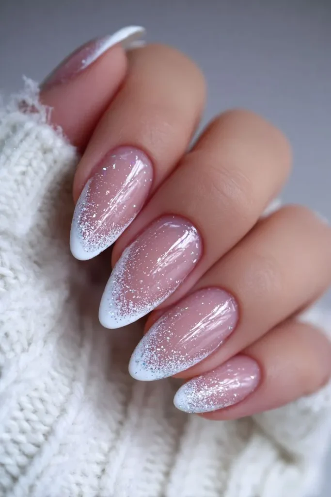 White French Ombre Nails With Delicate Silver Glitter Gradient
