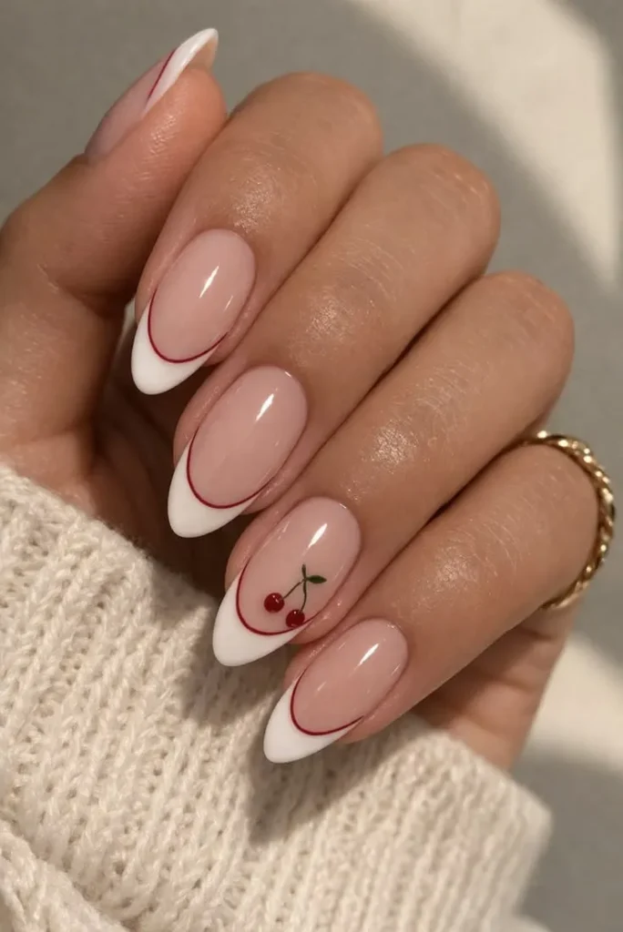 White French Tip Nails With Cute Cherry Accent Design