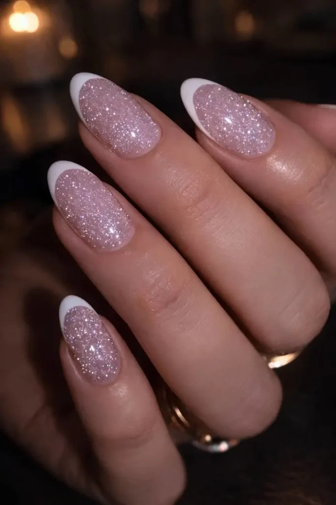White French Mani on a Glitter Base for an Elegant Look