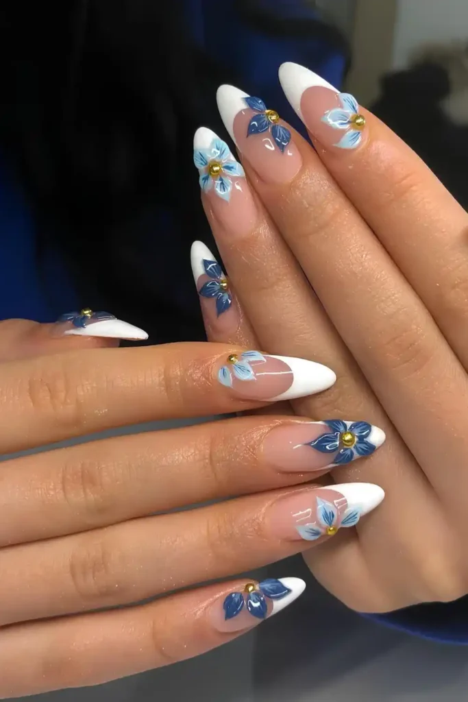 White French Mani With Blue 3D Florals That Makes a Statement