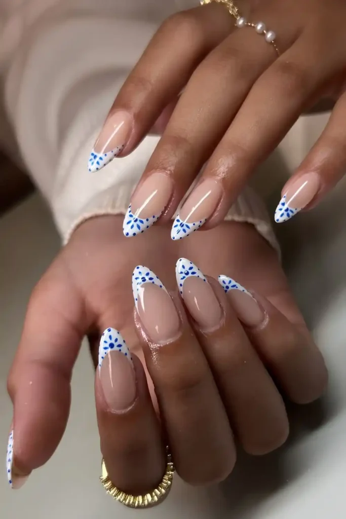 White French Mani With Blue Mediterranean Flowers for a Coastal Inspired Look