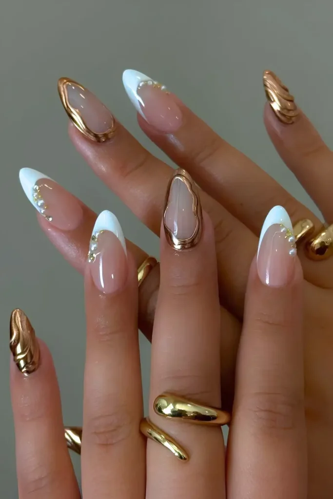 White French Mani With Gold Chrome and Pearl Accents That Looks Luxurious