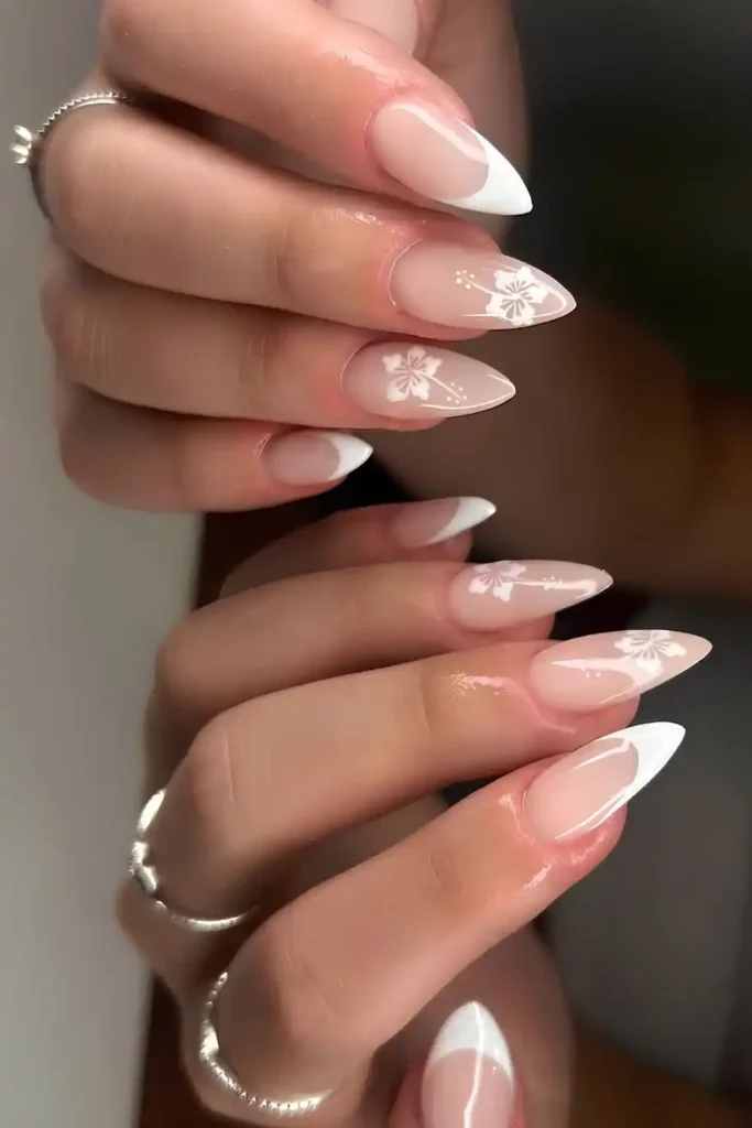 White French Mani With Hibiscus Art for a Tropical Floral Style