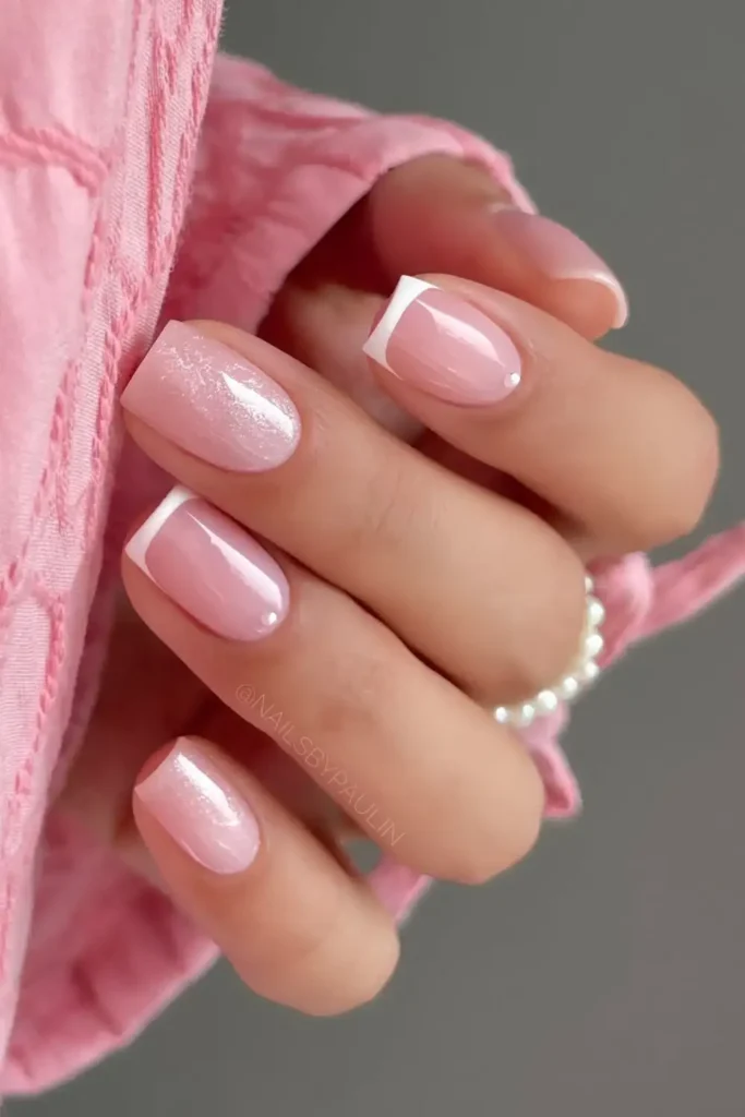 White French Mani With Tiny Pearl Accents
