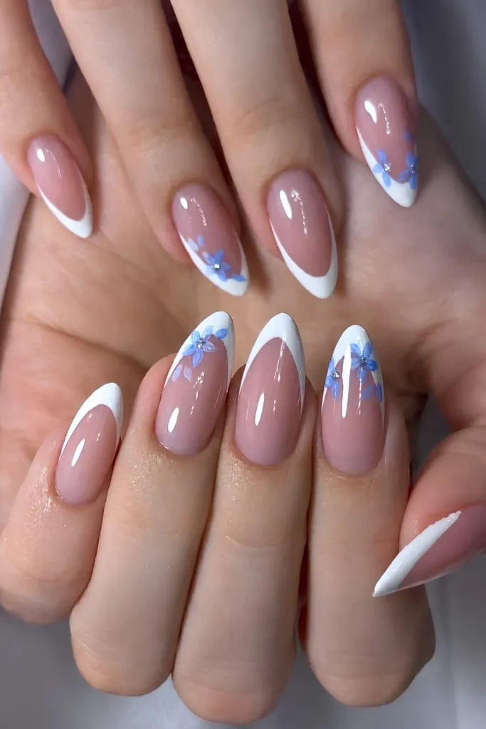 White French Manicure With Blue Florals That Never Goes Out of Style