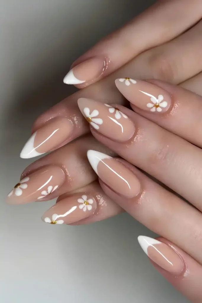 White French Manicure With Floral Art That Looks Timeless