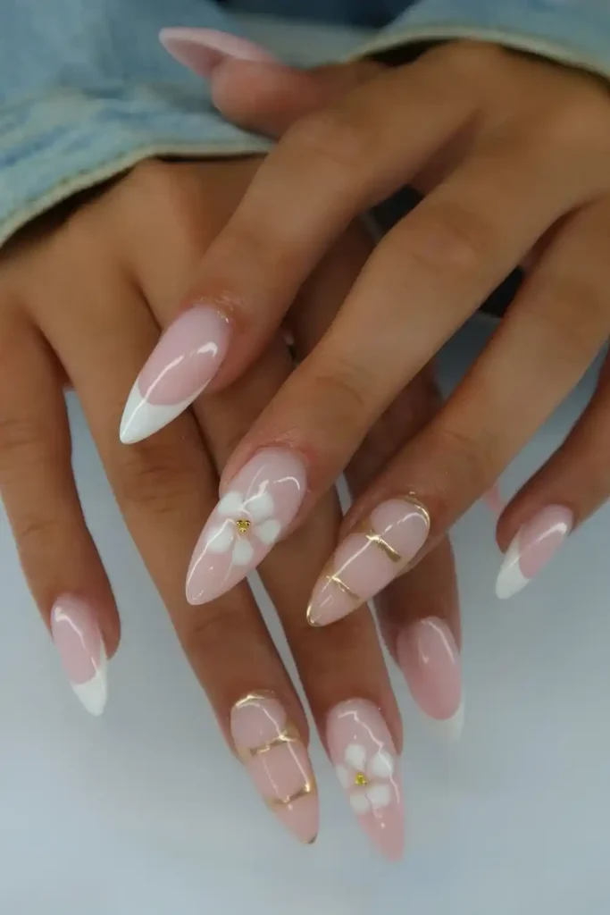 White French Nails With Blooming Flowers and Gold Details That Look Luxurious