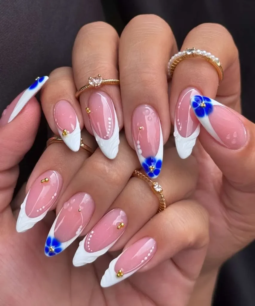 White French Nails With Blue Blooming Gel Flowers That Feel Fresh