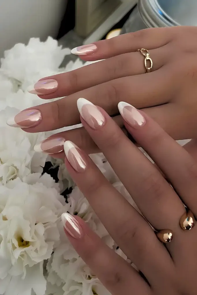 White French Nails With Chrome Overlay That Shine Beautifully