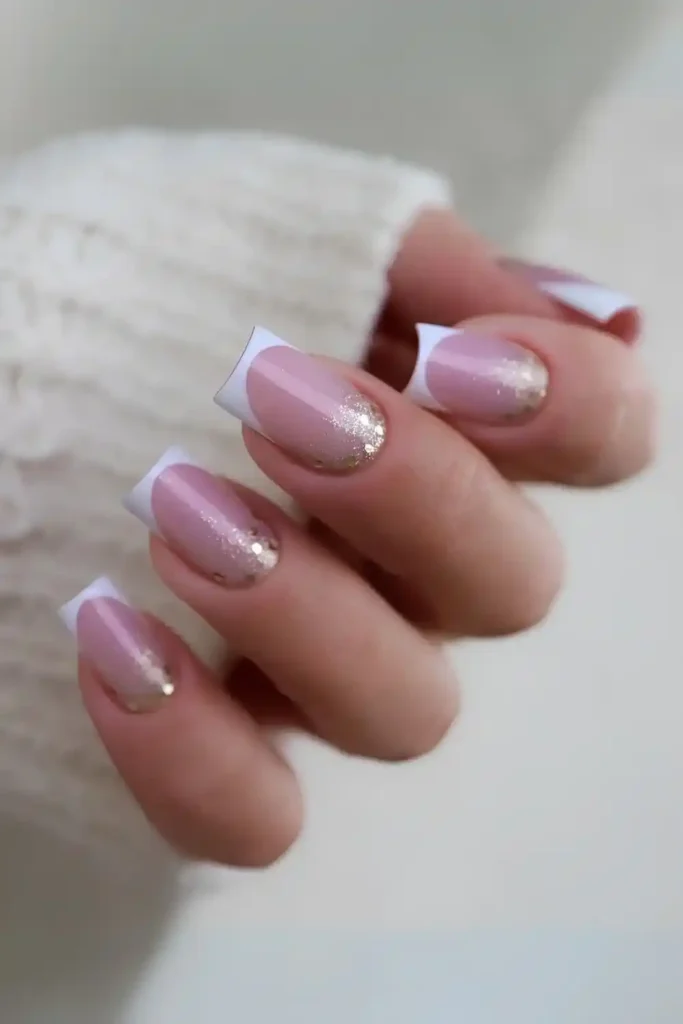 White French Nails With Cuticle Glitter That Add Subtle Sparkle