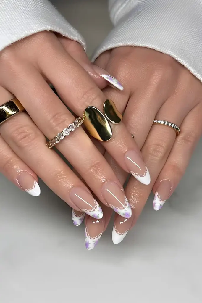 White French Nails With Lace and Purple Tiny Flowers for a Delicate Floral Look