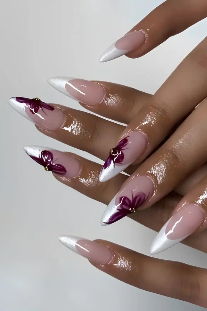 White French Nails With Oversized Red Flowers That Make a Statement