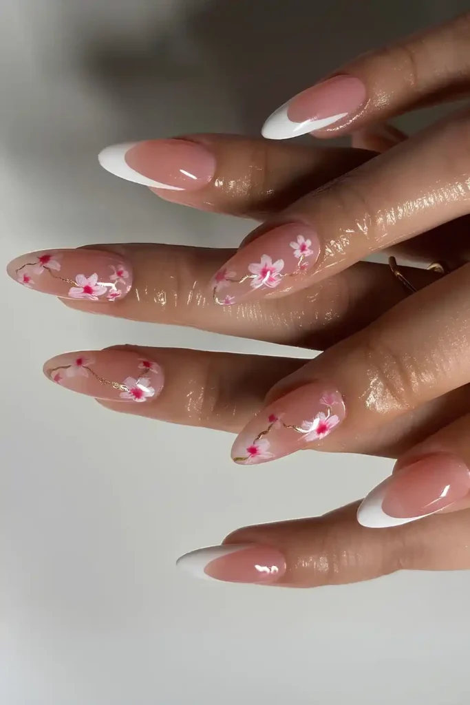 White French Tip Nails With Blooming Cherry Accents That Feel Romantic
