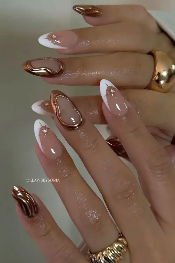 White French With Metallic and Rhinestone Accents That Add Instant Glam